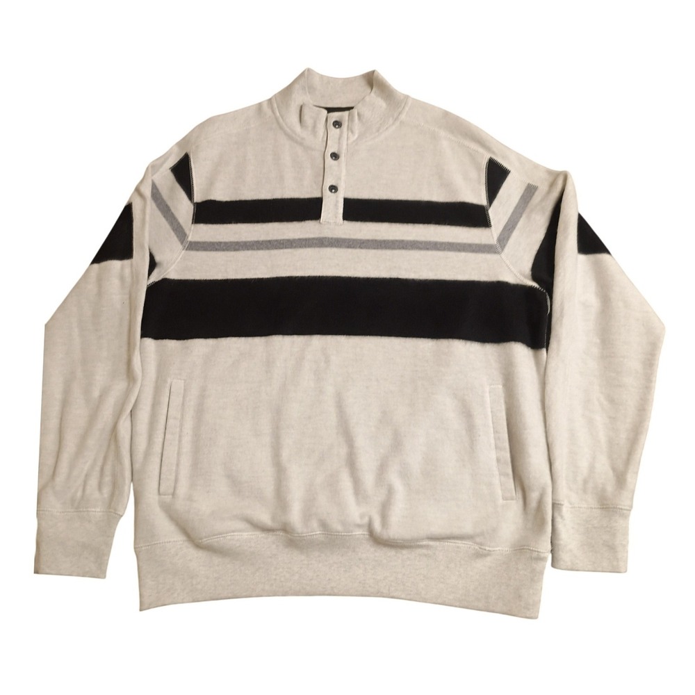 Chaps Pullover Sweatshirt Mens XL Cream Striped Mock Neck Quarter Button Fleece